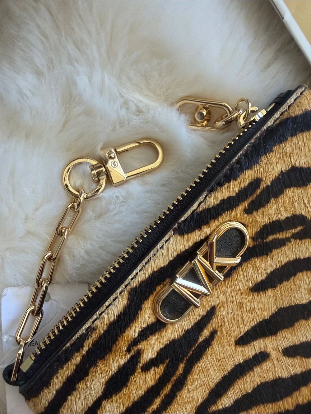 Michael Kors Tiger Stripe Haircalf Wristlet Wallet Tan/Black with Gold Hardware